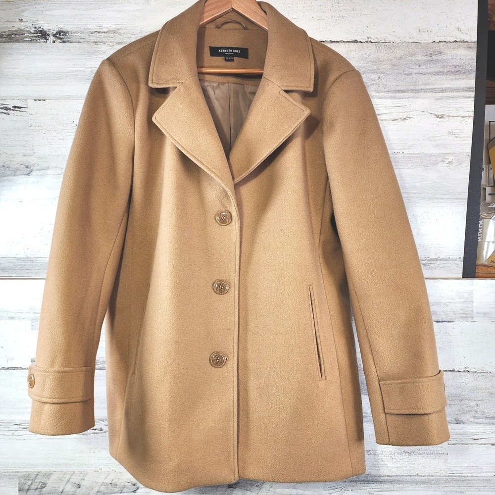 Kenneth Cole New York Peacoat Women XXL Tan‎ Button Front Wool Blend Classic